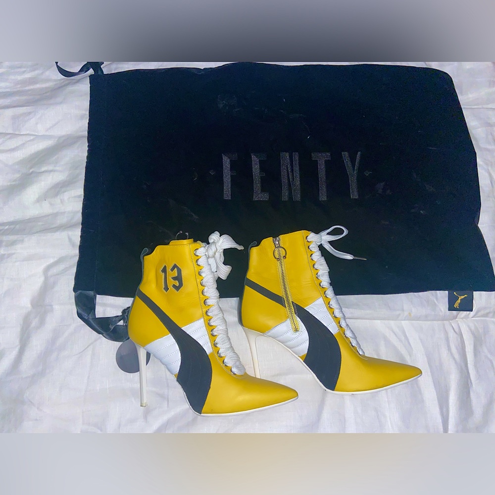Fenty by PUMA x Rihanna heels. Yellow, White, Black, 4 inch heels.